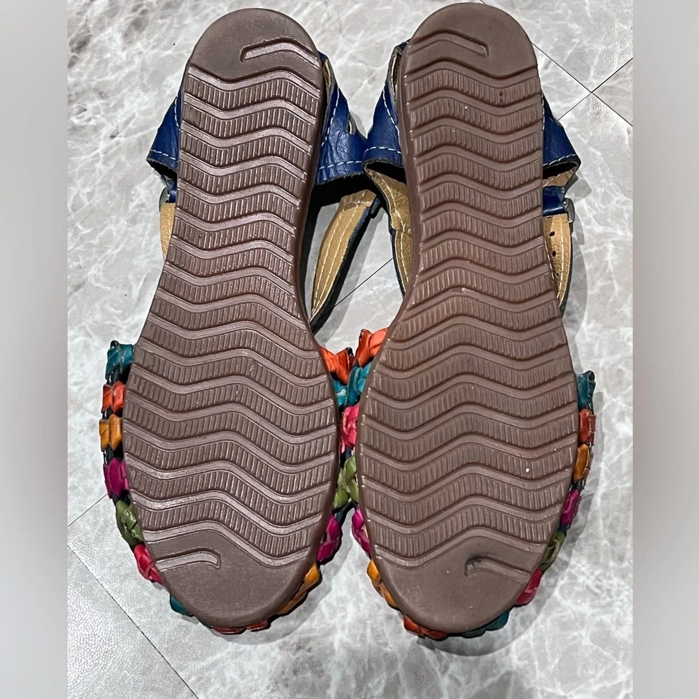Navy Woven Leather Sandals with Multicolor Flower Trim